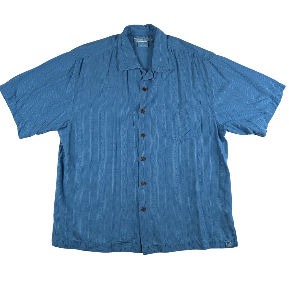 Bermuda Bay Shirt Mens Large Blue Silk Short Sleeve Button Front Camp Casual